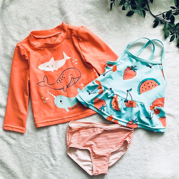 Simple Joys by Carter's Toddler 3-Pc Swimsuit Set 18M | Coral Aqua Rash Guard - Picture 14 of 14